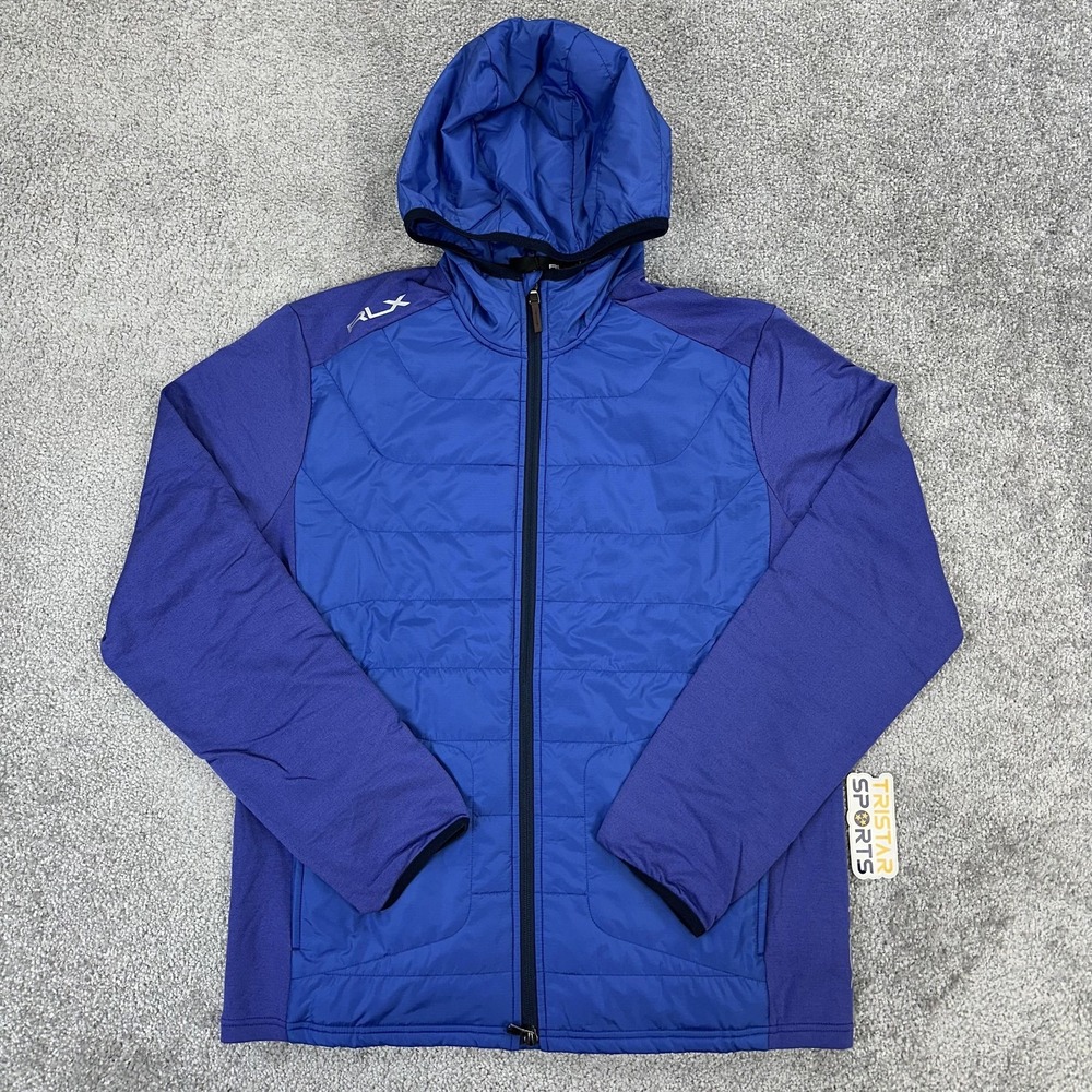 RLX Ralph Lauren Jacket Mens Medium Blue Golf Hooded Hybrid Full Zip Insulated